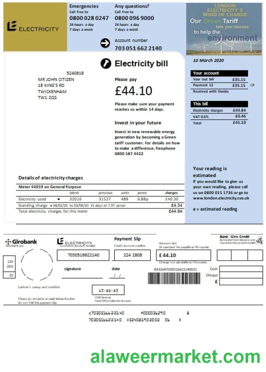 United Kingdom Electricity utility bill template in Word and PDF format